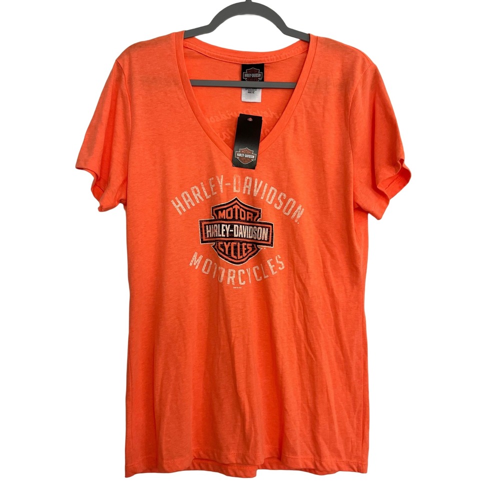 Harley-Davidson T-Shirt Women XL Orange NEW Fort Wayne Indiana V-Neck Biker Tee
